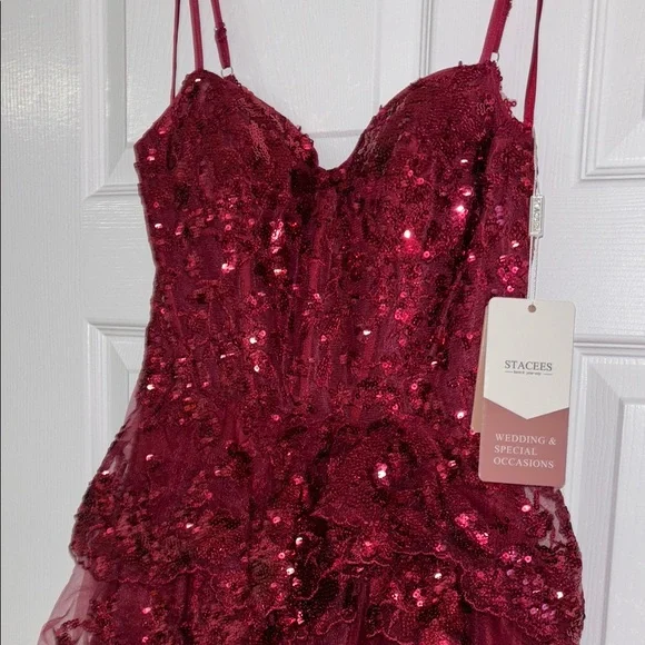 Stacees Red burgundy A-line Corset Tiered Ruffle Slit Prom Dress with Sequins - Picture 4 of 10